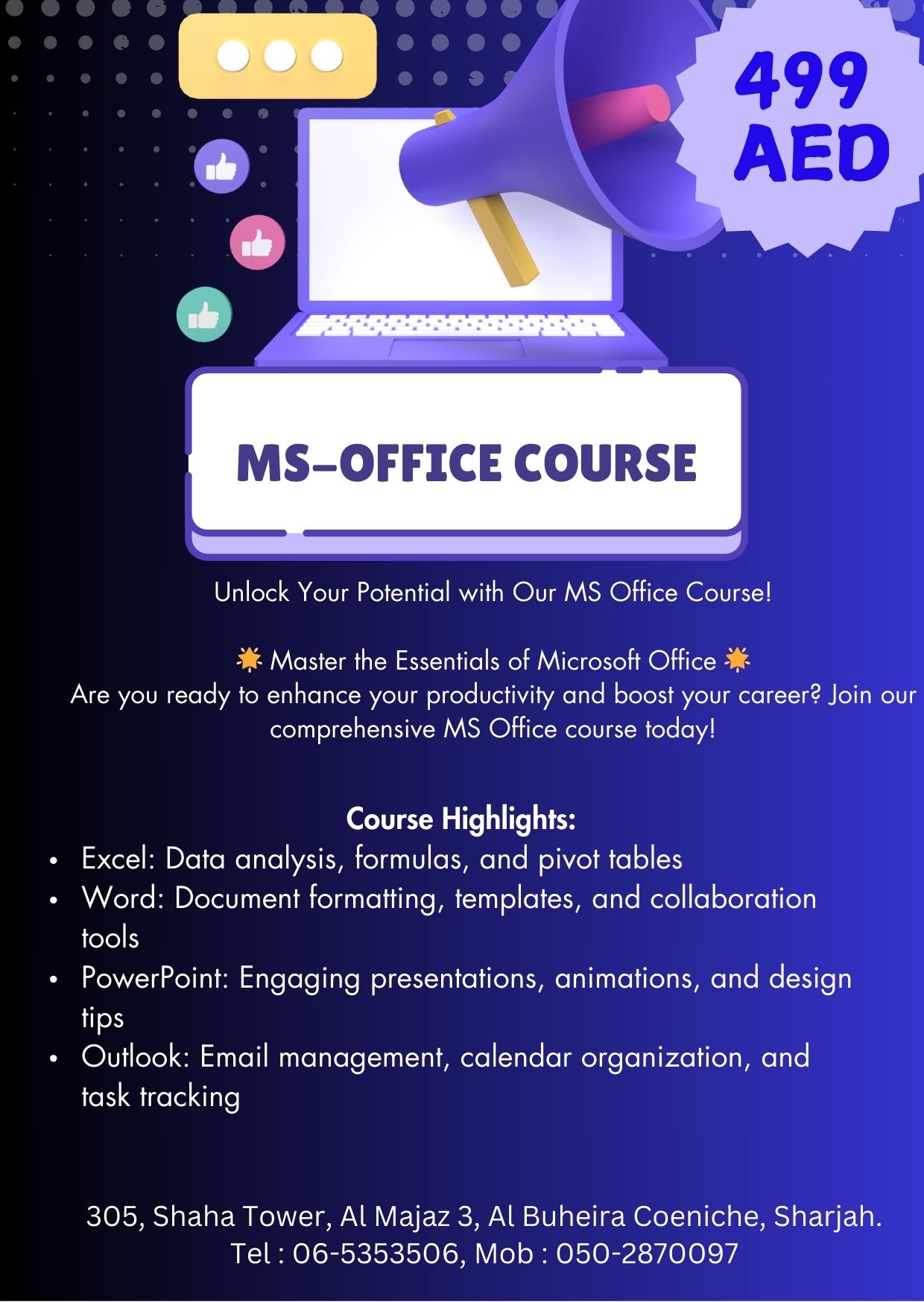 Computer classes in Sharjah with best offer. call 0502870097